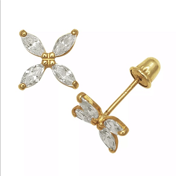 14k Solid Gold Blue Sapphire Fliwer Stud Earrings - Picture 5 of 8